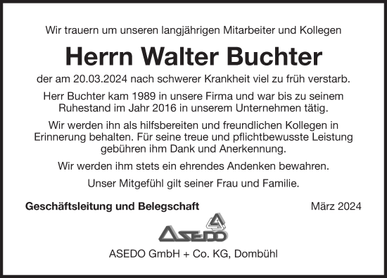 Traueranzeige von Walter Buchter von Dinkelsbühl/ Feuchtwangen