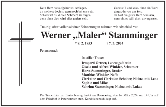 Traueranzeige von Werner Stamminger von Ansbach