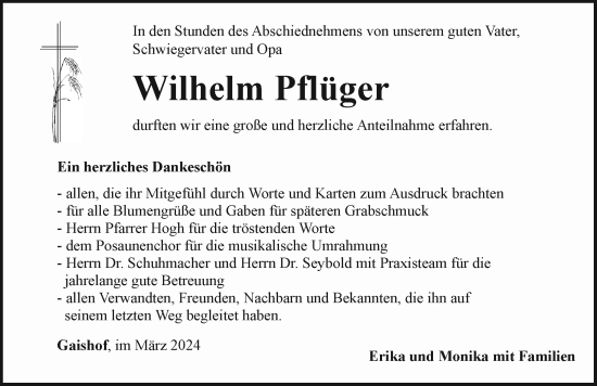 Traueranzeige von Wilhelm Pflüger von Rothenburg