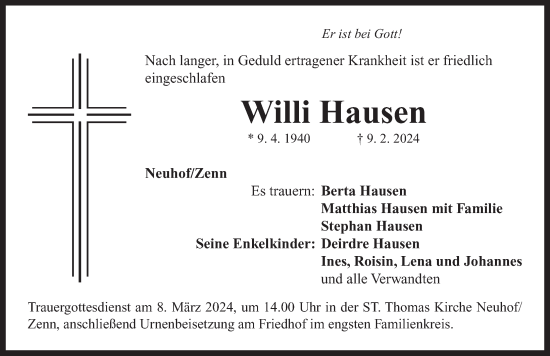 Traueranzeige von Willi Hausen von Neustadt/ Scheinfeld/ Uffenheim