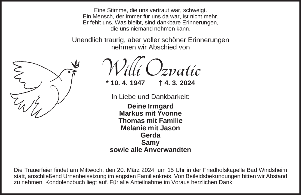  Traueranzeige für Willi Ozvatic vom 16.03.2024 aus Neustadt/ Scheinfeld/ Uffenheim