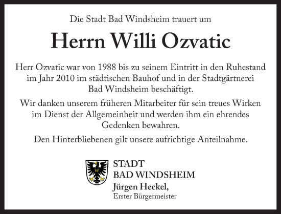 Traueranzeige von Willi Ozvatic von Neustadt/ Scheinfeld/ Uffenheim
