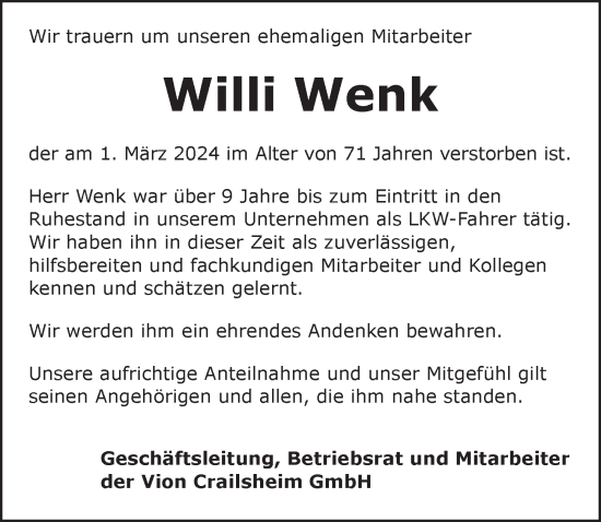 Traueranzeige von Willi Wenk von Ansbach