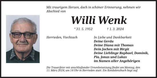 Traueranzeige von Willi Wenk von Ansbach