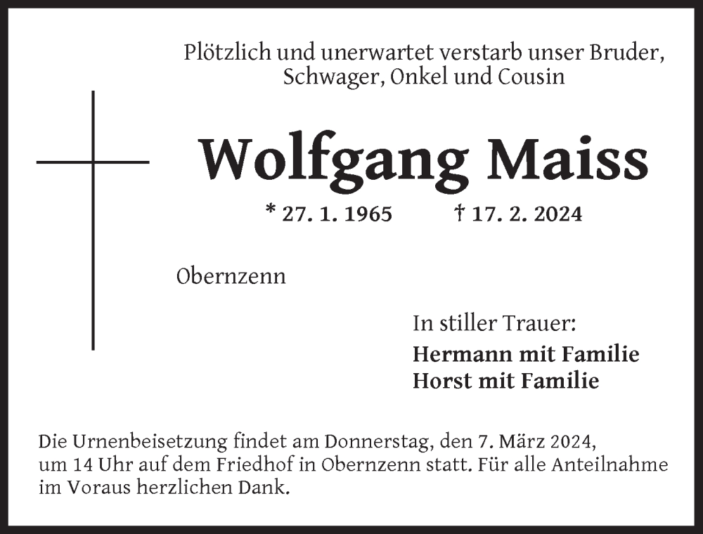  Traueranzeige für Wolfgang Maiss vom 05.03.2024 aus Neustadt/ Scheinfeld/ Uffenheim