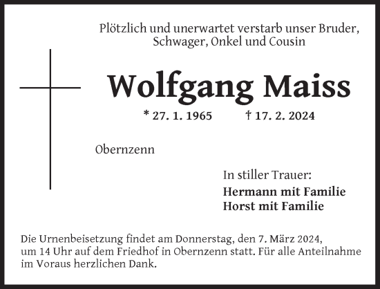 Traueranzeige von Wolfgang Maiss von Neustadt/ Scheinfeld/ Uffenheim