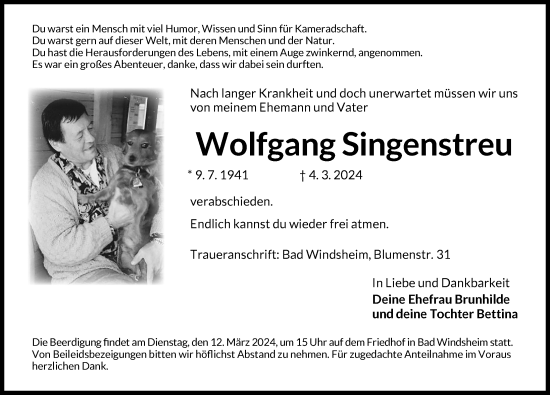 Traueranzeige von Wolfgang Singenstreu von Neustadt/ Scheinfeld/ Uffenheim