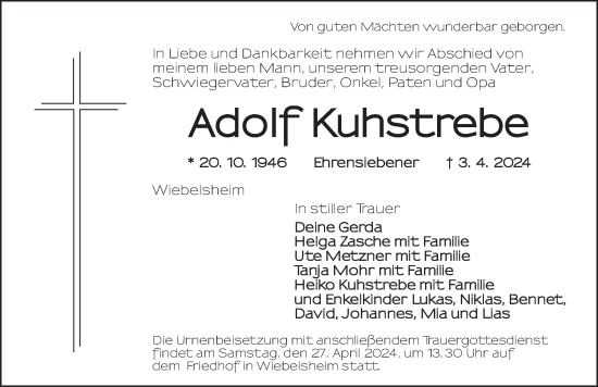 Traueranzeige von Adolf Kuhstrebe von Neustadt/ Scheinfeld/ Uffenheim