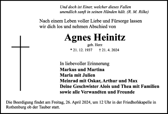 Traueranzeige von Agnes Heinitz von Rothenburg