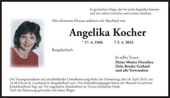 Traueranzeige von Angelika Kocher von Ansbach