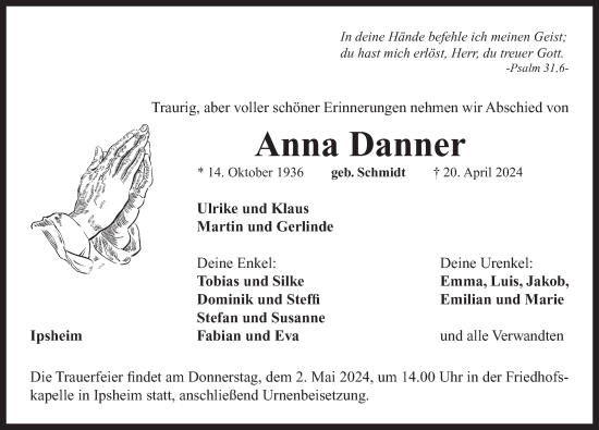 Traueranzeige von Anna Danner von Neustadt/ Scheinfeld/ Uffenheim