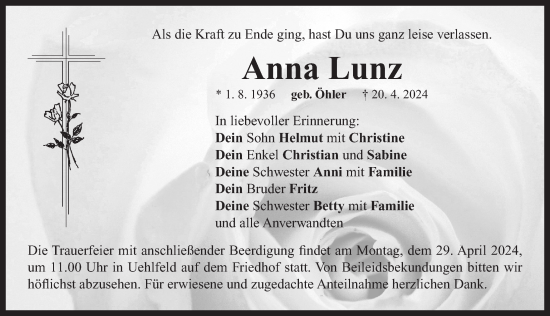 Traueranzeige von Anna Lunz von Neustadt/ Scheinfeld/ Uffenheim