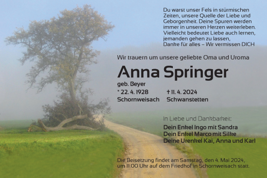 Traueranzeige von Anna Springer von Neustadt/ Scheinfeld/ Uffenheim