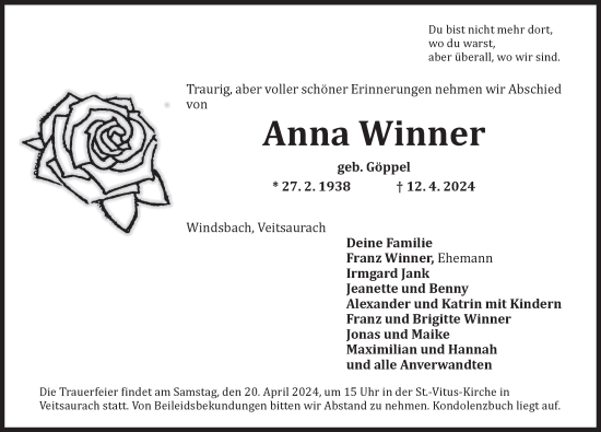 Traueranzeige von Anna Winner von Ansbach