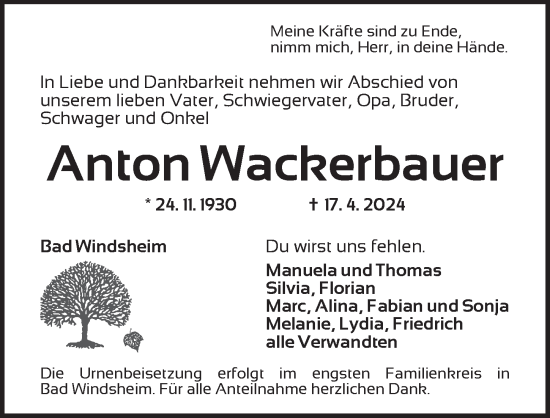 Traueranzeige von Anton Wackerbauer von Neustadt/ Scheinfeld/ Uffenheim