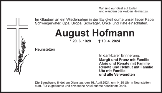 Traueranzeige von August Hofmann von Ansbach