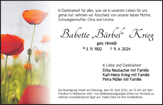Traueranzeige von Babette Krieg von Ansbach