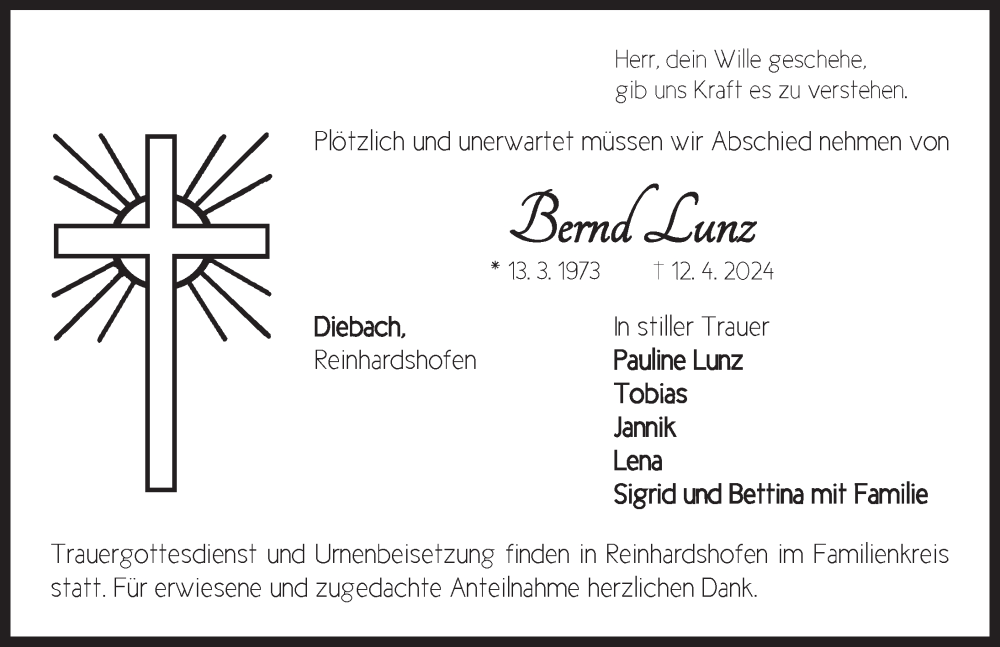  Traueranzeige für Bernd Lunz vom 24.04.2024 aus Neustadt/ Scheinfeld/ Uffenheim