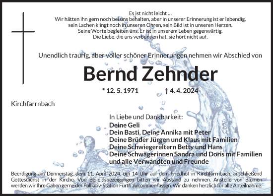 Traueranzeige von Bernd Zehnder von Neustadt/ Scheinfeld/ Uffenheim