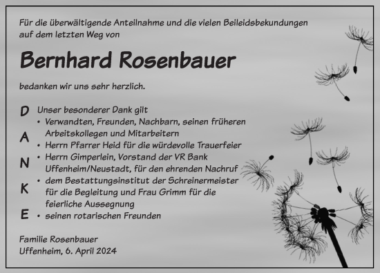 Traueranzeige von Bernhard Rosenbauer von Neustadt/ Scheinfeld/ Uffenheim