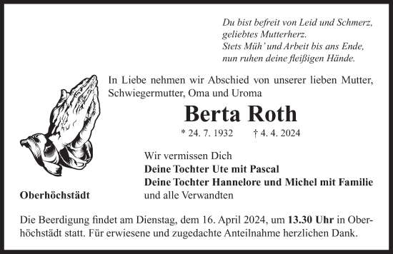 Traueranzeige von Berta Roth von Neustadt/ Scheinfeld/ Uffenheim