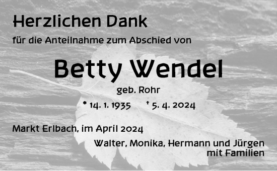 Traueranzeige von Betty Wendel von Neustadt/ Scheinfeld/ Uffenheim