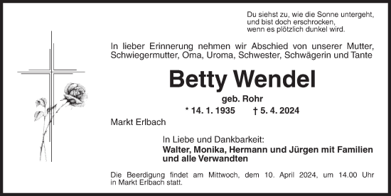 Traueranzeige von Betty Wendel von Neustadt/ Scheinfeld/ Uffenheim
