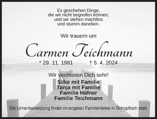 Traueranzeige von Carmen Teichmann von Dinkelsbühl/ Feuchtwangen