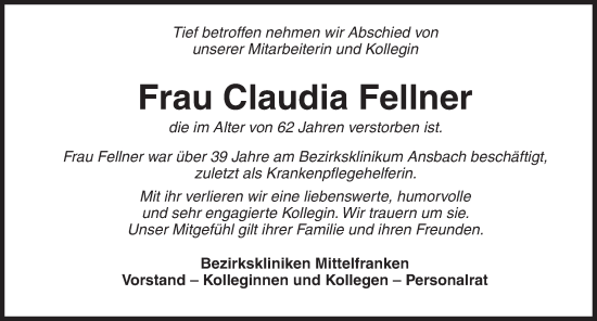 Traueranzeige von Claudia Fellner von Ansbach