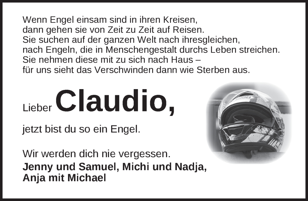  Traueranzeige für Claudio  vom 11.04.2024 aus Dinkelsbühl/ Feuchtwangen