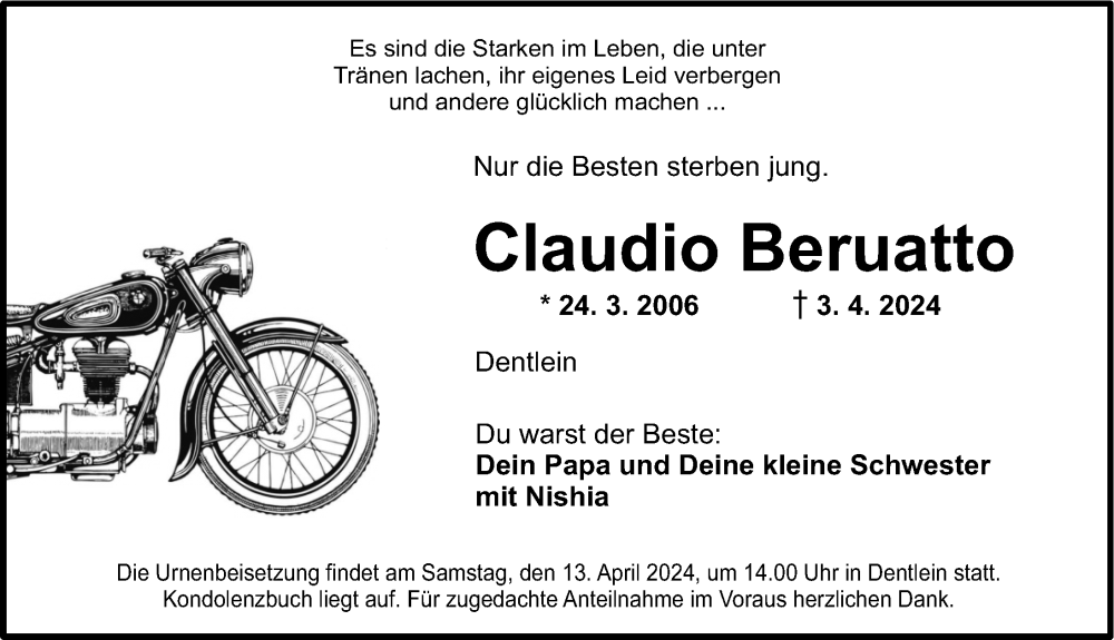  Traueranzeige für Claudio Beruatto vom 11.04.2024 aus Dinkelsbühl/ Feuchtwangen