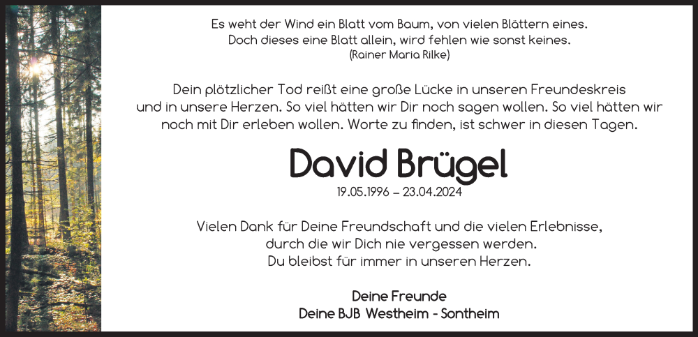  Traueranzeige für David Brügel vom 27.04.2024 aus Neustadt/ Scheinfeld/ Uffenheim