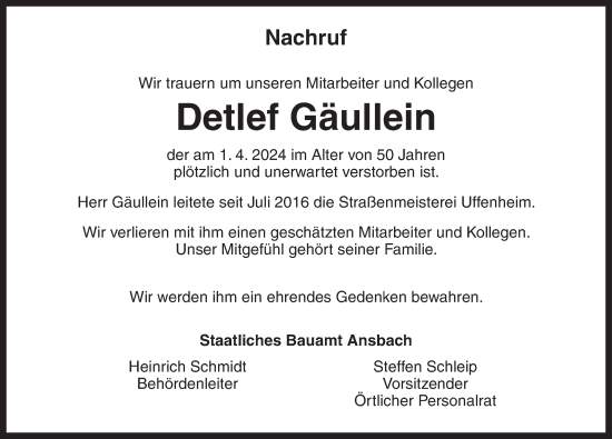 Traueranzeige von Detlef Gäullein von Neustadt/ Scheinfeld/ Uffenheim