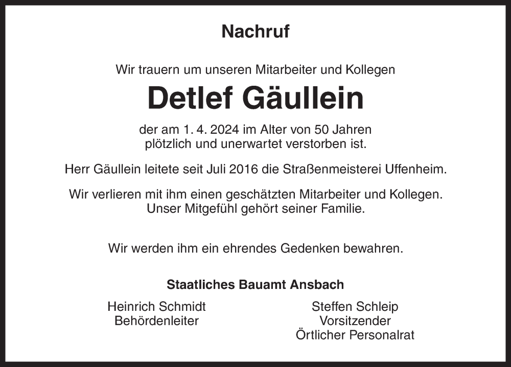  Traueranzeige für Detlef Gäullein vom 13.04.2024 aus Neustadt/ Scheinfeld/ Uffenheim