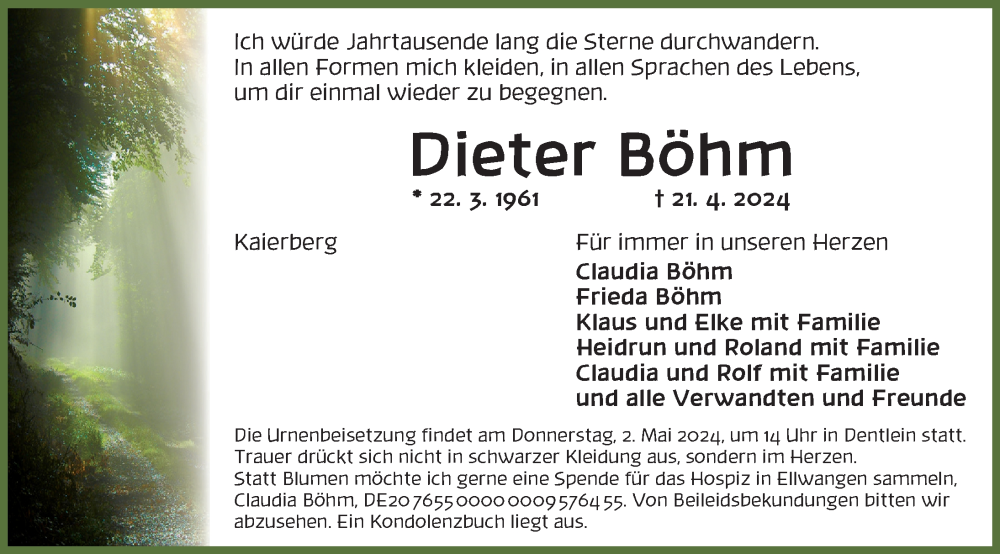  Traueranzeige für Dieter Böhm vom 29.04.2024 aus Dinkelsbühl/ Feuchtwangen