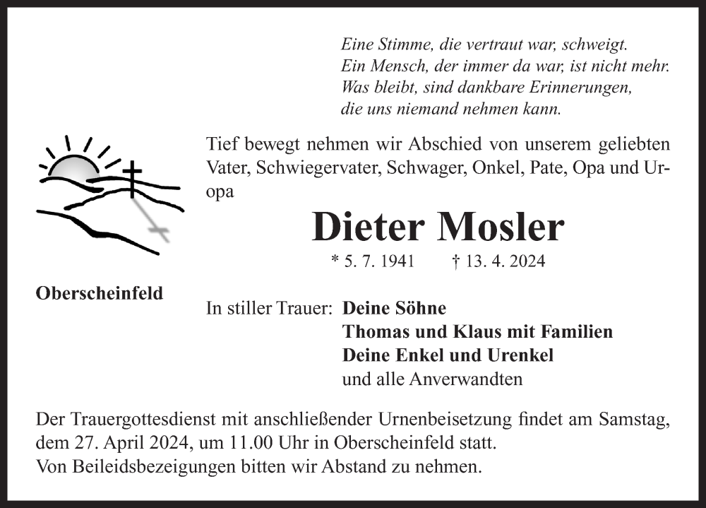  Traueranzeige für Dieter Mosler vom 25.04.2024 aus Neustadt/ Scheinfeld/ Uffenheim