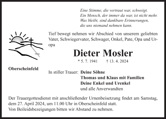 Traueranzeige von Dieter Mosler von Neustadt/ Scheinfeld/ Uffenheim