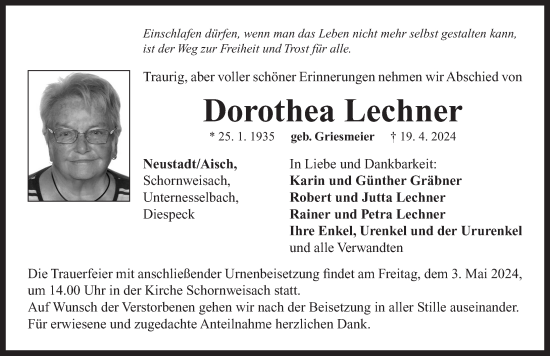 Traueranzeige von Dorothea Lechner von Neustadt/ Scheinfeld/ Uffenheim