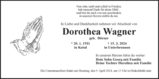 Traueranzeige von Dorothea Wagner von Dinkelsbühl/ Feuchtwangen