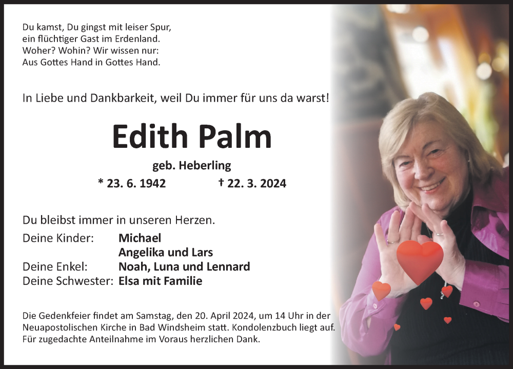  Traueranzeige für Edith Palm vom 06.04.2024 aus Neustadt/ Scheinfeld/ Uffenheim