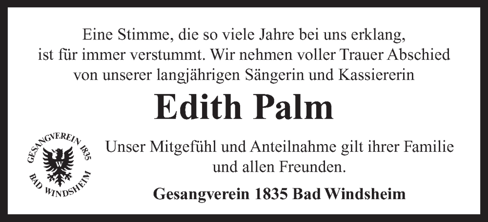  Traueranzeige für Edith Palm vom 10.04.2024 aus Neustadt/ Scheinfeld/ Uffenheim