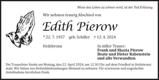 Traueranzeige von Edith Pierow von Ansbach