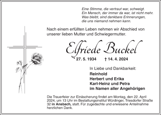 Traueranzeige von Elfriede Buckel von Ansbach