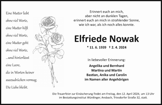 Traueranzeige von Elfriede Nowak von Ansbach