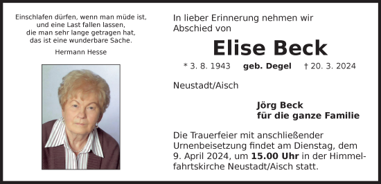 Traueranzeige von Elise Beck von Neustadt/ Scheinfeld/ Uffenheim