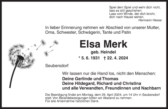 Traueranzeige von Elsa Merk von Ansbach