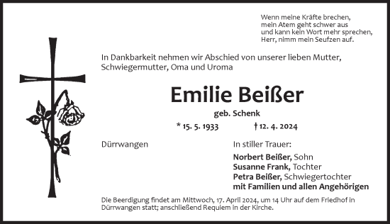 Traueranzeige von Emilie Beißer von Dinkelsbühl/ Feuchtwangen