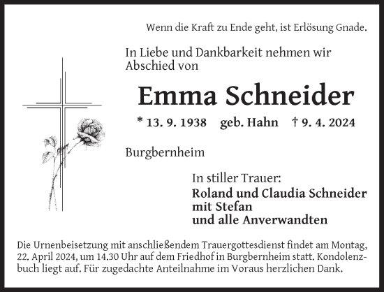 Traueranzeige von Emma Schneider von Neustadt/ Scheinfeld/ Uffenheim