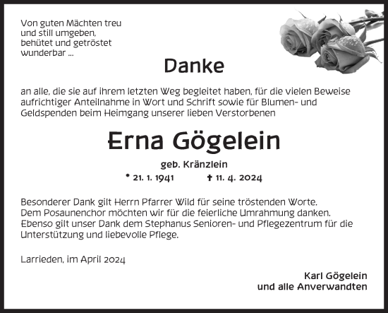 Traueranzeige von Erna Gögelein von Dinkelsbühl/ Feuchtwangen