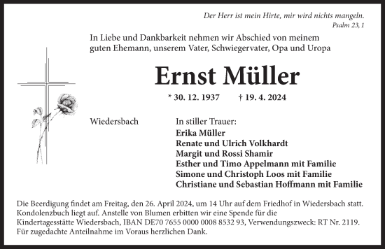 Traueranzeige von Ernst Müller von Ansbach